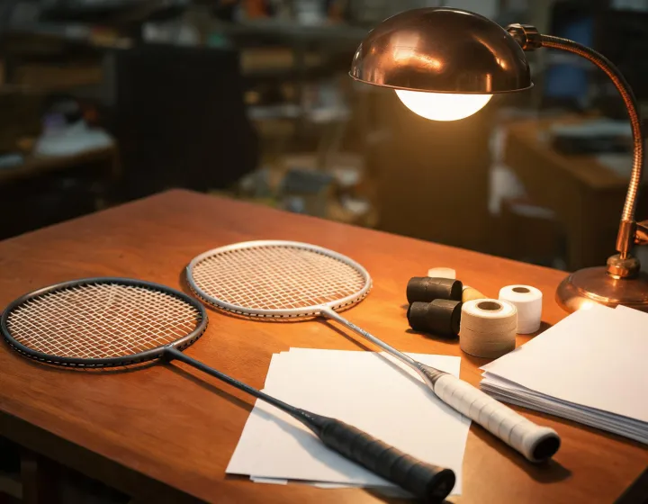 Racket frames, grip samples and a packing worksheet